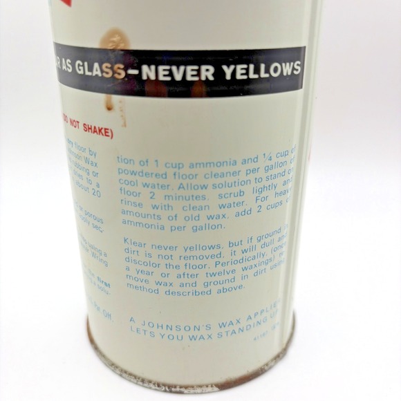Vintage Metal Can Johnson Klear Floor Wax Stays Brilliant Wont Yellow 19oz Full - Picture 7 of 9